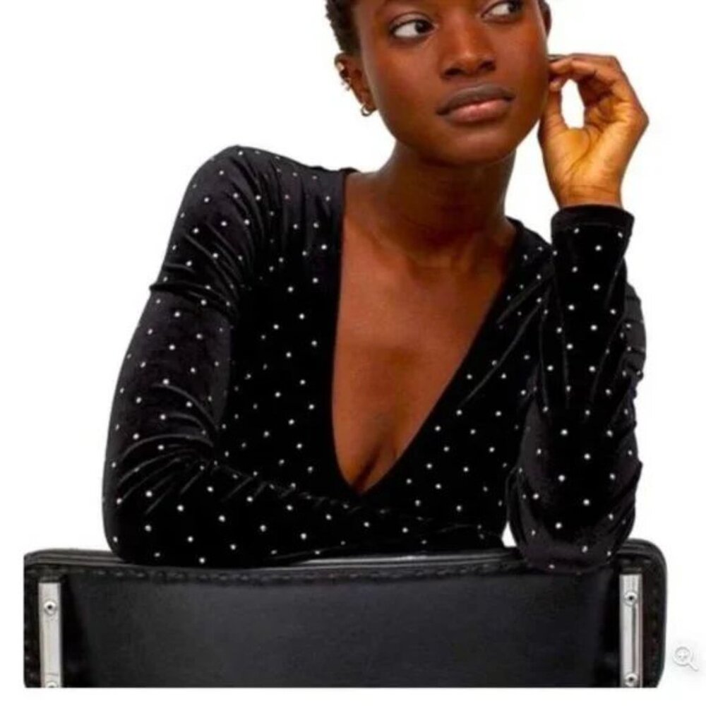 H&M Black Velvet Rhinestone Studded Bodysuit